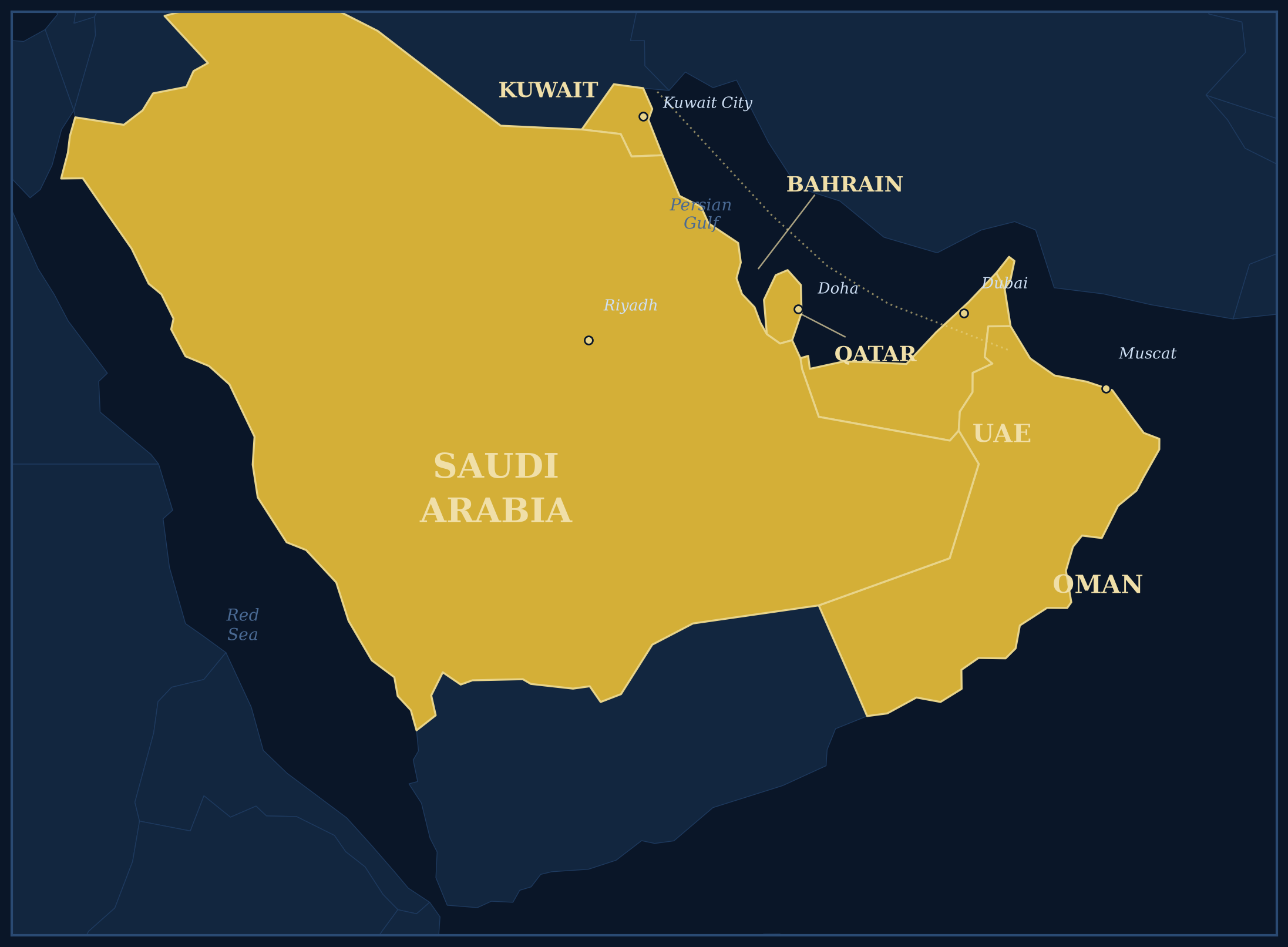 Map of PTN Packaging target markets in the GCC Middle East region - Saudi Arabia, UAE, Qatar, Kuwait, Bahrain and Oman highlighted in gold with key cities Riyadh, Dubai, Doha, Kuwait City and Muscat