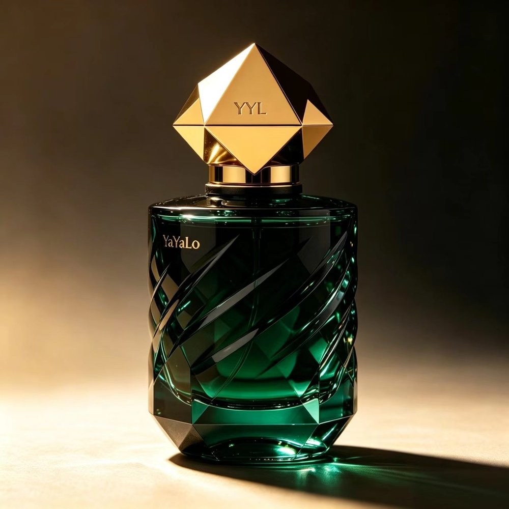 YaYaLo Emerald - emerald green swirl-cut bottle with gold geometric cap
