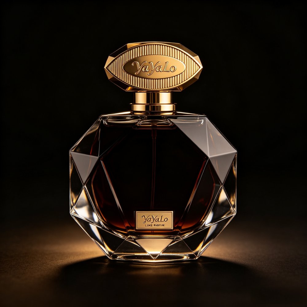 YaYaLo Luxe Parfum - multi-faceted spherical bottle with gold oval striped cap
