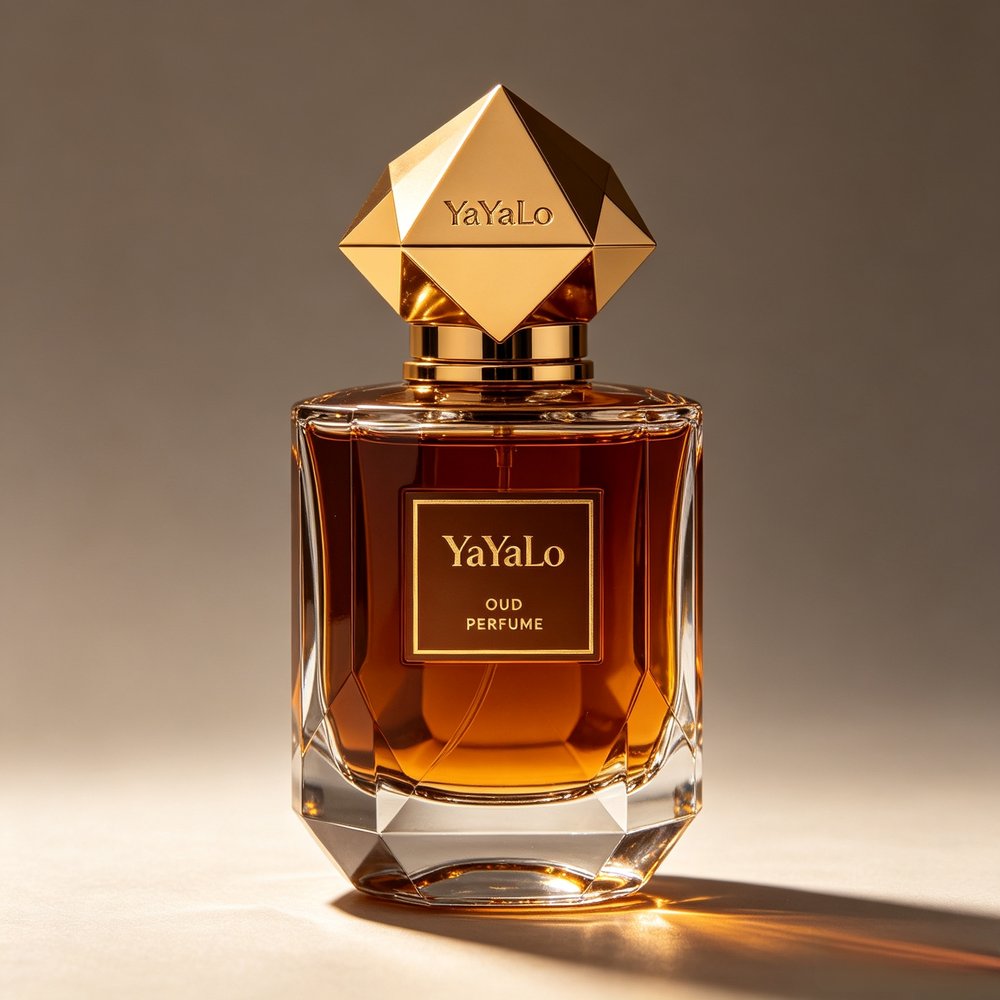 YaYaLo Oud Perfume - square-cut glass bottle with gold geometric cap