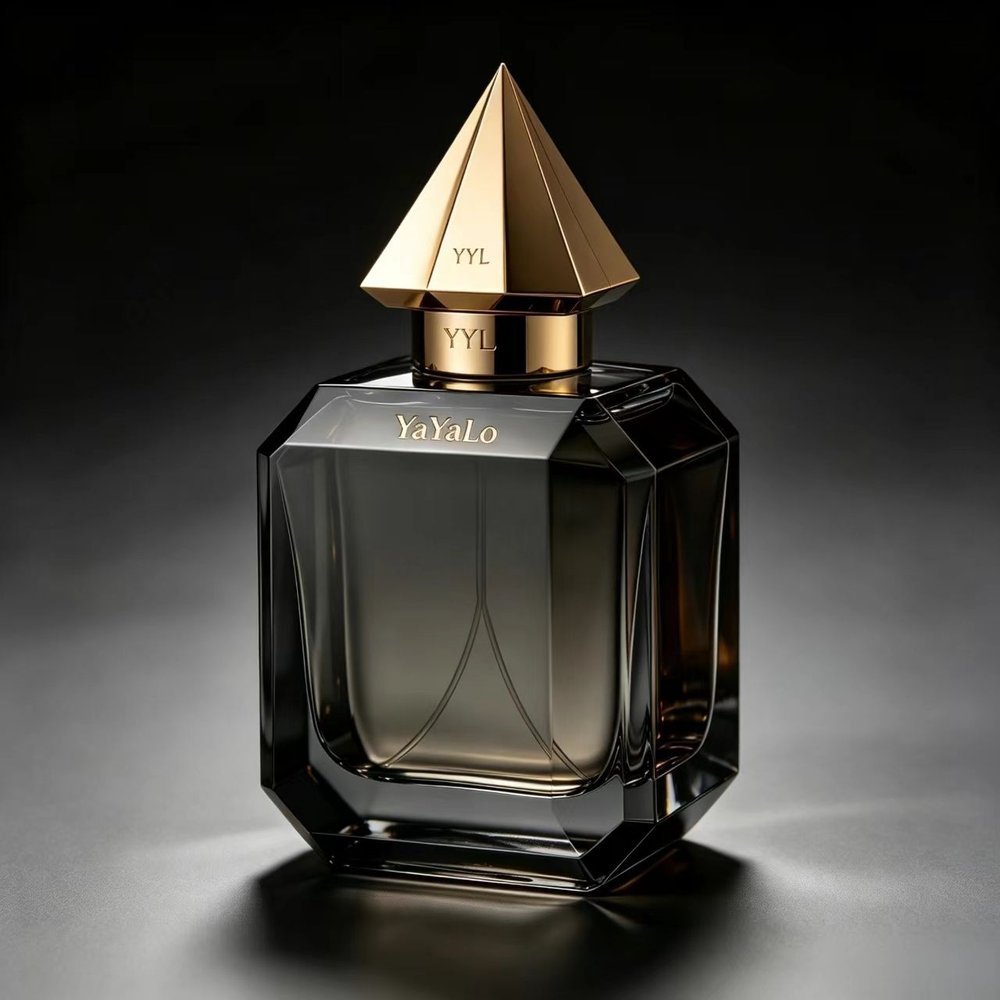 YaYaLo Pyramid - square dark smoke bottle with gold pyramid spire cap