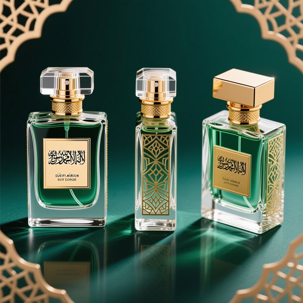 زجاجات عطور عربية فاخرة بأغطية ذهبية وعطر أخضر زمردي - تغليف فاخر للشرق الأوسط